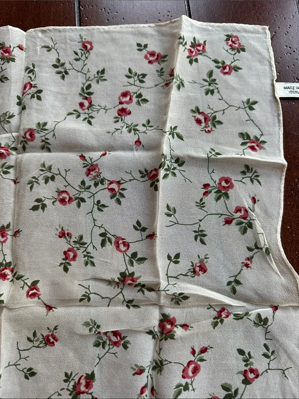 Ann Taylor Cream 💯 Silk Scarf with Pink Rose Vine Print
